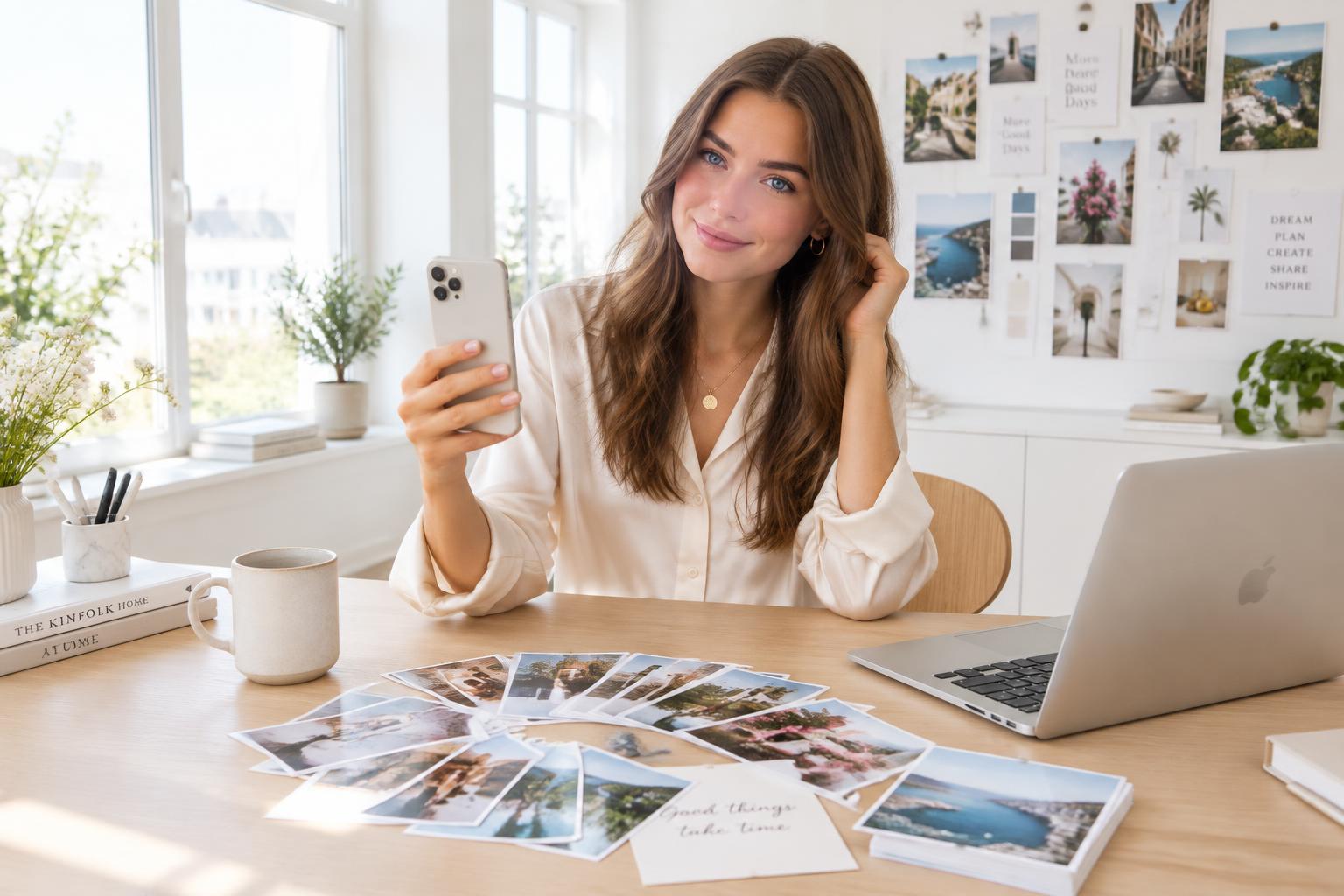 Annie choosing photographs at her desk and publishing them from her phone